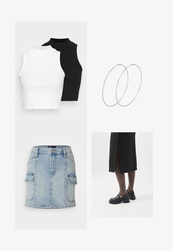 Du pirštu riboti be rankovių golfo marškiniai juodos ir baltos spalvų, pasižymintys prigludusia forma ir lygia tekstūra, trumpu ilgiu.; Šviesiai mėlynas džinsinis sijonas su dviem priekinėmis kišenėmis, užtrauktuku ir sagomis, tiesaus silueto. Visiškai apgadinta tekstūra.; Juodos odinės bateliai su apvaliu nosiu, stora blokine pakulne ir elastingais šonais, derinami su tamsiomis pėdkelnėmis ir juoda sijonu su plyšiu.; Sidabrinės pusmėnulio auskarai minimalistiniu dizainu. Apskritimo forma, lygus paviršius ir plonas profilis. Lengvi su poliruotu apdailu.