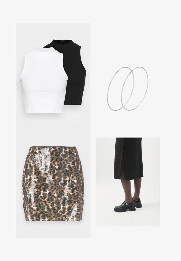 Two sleeveless ribbed turtleneck tops in black and white, featuring a fitted design and smooth texture, with cropped length.; Leopard print mini skirt featuring sequined texture, a fitted design, brown and black colors, and a straight hem.; Black leather shoes with a rounded toe, thick block heel, and elastic side accents, paired with dark tights and a black skirt with a slit.; Silver hoop earrings with a minimalist design. Circular shape, smooth texture, and thin profile. Lightweight with a polished finish.