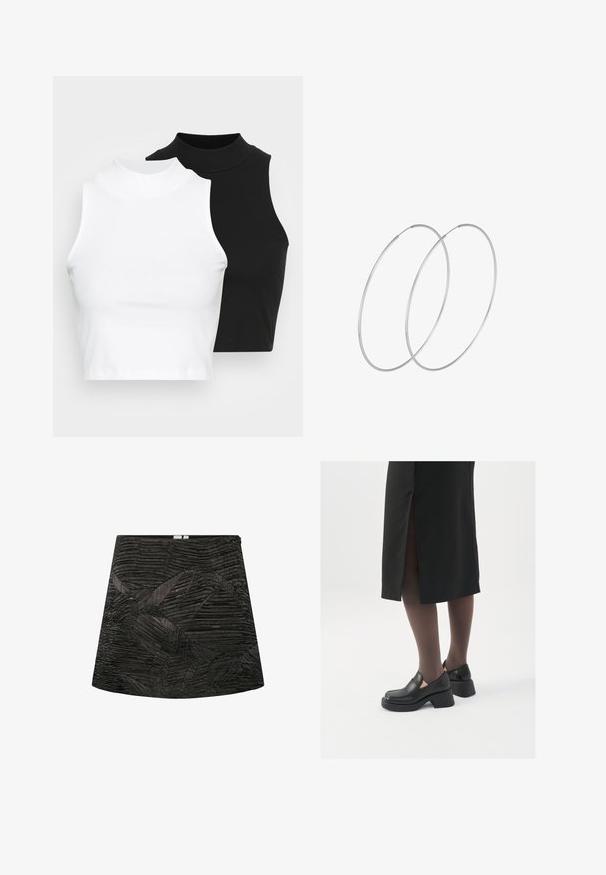 Dos tops sin mangas de cuello alto en negro y blanco, con un diseño ajustado y una textura suave, de longitud cropped.; Minifalda negra con diseño texturizado y plisado que presenta patrones geométricos. Forma recta con una cremallera oculta en la parte posterior.; Zapatos de piel negra con punta redondeada, tacón grueso y bloque, y acentos elásticos en los laterales, combinados con unos pantys oscuros y una falda negra con una abertura.; Pendientes de aro plateados con un diseño minimalista. Forma circular, textura suave y perfil delgado. Livianos con un acabado pulido.