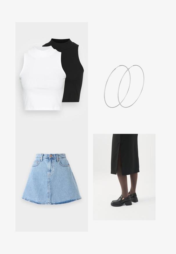 Divi bez piedurknēm riboti turtleneck topi melnā un baltā krāsā, ar pieguļošu dizainu un gludu faktūru, ar īsu garumu.; Gaiši zilas džinsa A formas svārki ar saplaisājušu malu, piecām kabatām un pogu aizdari. Iespējas ar vara toņu aparatūru un smalkām šuvju detaļām.; Melni ādas apavi ar noapaļotu purngalu, biezām bloku papēžiem un elastīgiem sānu akcentiem, apvienoti ar tumšām zeķubiksēm un melnu svārku ar šķirbu.; Sudraba gredzenveida auskari ar minimālistisku dizainu. Cirkulāra forma, gluda tekstūra un plāns profils. Vieglu svaru ar spīdīgu apdari.