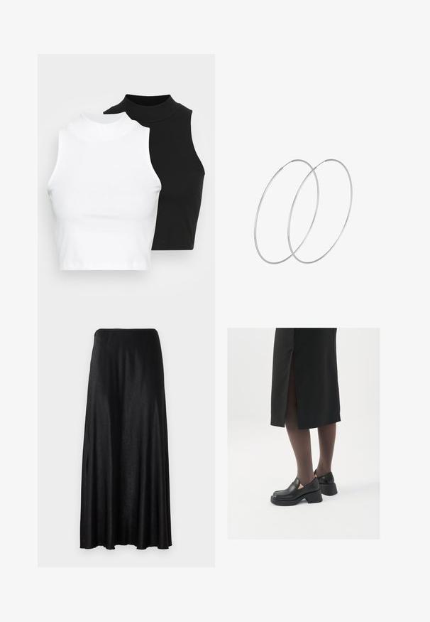 Kaksi hihattomaa ribattua kauluspaitaa mustana ja valkoisena, joissa on istuva muotoilu ja sileä rakenne, sekä lyhyt pituus.; Musta, lattiaan ulottuva hame, joka on valmistettu sileästä ja kevyestä kankaasta. Ominaisuuksina on yksinkertainen, saumaton muotoilu ja joustava vyötärö.; Mustat nahkakengät pyöreällä kärjellä, paksulla lohkopohjalla ja joustavilla sivuakkesseilla, yhdistettynä tummiin sukkahousuihin ja mustaan hameeseen, jossa on halkio.; Hopehope hopeilla, joissa on minimalistinen muotoilu. Pyöreä muoto, sileä pinta ja ohut profiili. Kevyet ja kiillotetut.