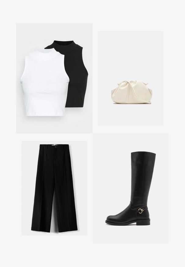 Dve bezrukávové rebrované roláky v čiernej a bielej farbe, pričom majú priliehavý strih a hladkú textúru, s krátkou dĺžkou.; Čierne široké nohavice z ľahkého materiálu, s predným zapínaním na gombík a plochým predným dielom, s pekne ušitými lemami.; Anna Field Wide Fit Čižmy - black; Krémová, mäkká taška z umelého kože s nariaseným dizajnom, nastaviteľným popruhom a jemným šnurovaním. Hladký povrch a zaoblený tvar.; Strieborné visacie náušnice s zaoblenými, reflektujúcimi povrchmi; minimalistický dizajn s hladkou textúrou a jemným detailom značky.