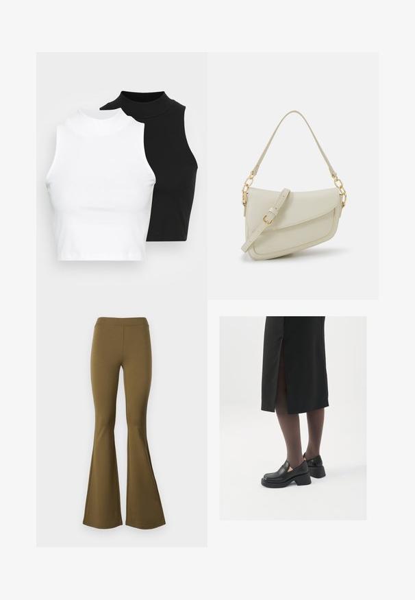 Dos tops sin mangas de cuello alto en negro y blanco, con un diseño ajustado y una textura suave, de longitud cropped.; Pantalones de campana de talle alto en verde oliva. Hechos de tela elástica, con una textura suave y un amplio pantalón de campana desde la rodilla hacia abajo.; Zapatos de piel negra con punta redondeada, tacón grueso y bloque, y acentos elásticos en los laterales, combinados con unos pantys oscuros y una falda negra con una abertura.; Pequeño bolso de mano crema con un acabado texturizado, una correa larga y ajustable, un acento de cadena y cierre de solapa. Detalles en hardware dorado.