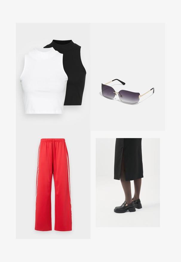 To kjoleløse ribbede turtleneck-toppe i sort og hvid, med en tætsiddende design og glat tekstur, samt cropped længde.; Røde sportsbukser med bred ben, elastisk talje og snøre. Har hvide sidelister og et glat, let materiale.; Sorte lædersko med rund tå, kraftig blokhæl og elastiske sideaccentuer, parret med mørke strømpebukser og en sort nederdel med slids.; Solbriller med grå gradient linse, guld metalramme og sorte plastdetaljer. Unikke sommerfugleformede linser med tynde stænger.