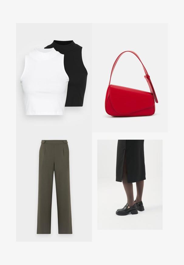 To sleeveless ribbestrikkede turtleneck topper i svart og hvitt, med en tettsittende design og glatt tekstur, med kort lengde.; Olivenfargede bukser med rett ben-design, som har to knapper i midjen og frontfolder for ekstra detalj.; Sorte lærersko med rund tå, tykk blokkheel og elastiske sideaksenter, sammen med mørke strømpebukser og et svart skjørt med splitt.; Rød lærveske med en vinklet, geometrisk design. Har en enkelt justerbar stropp og en klaffelukking med sydd detaljer.