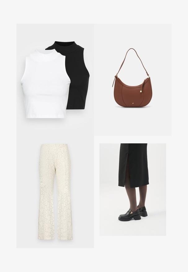 Two sleeveless ribbed turtleneck tops in black and white, featuring a fitted design and smooth texture, with cropped length.; Lace flared pants in off-white color, featuring a floral pattern throughout, with a smooth texture and a fitted waist.; Black leather shoes with a rounded toe, thick block heel, and elastic side accents, paired with dark tights and a black skirt with a slit.; Brown faux leather shoulder bag with curved shape, minimal stitching, and a gold-tone hardware accent. Features a top zipper closure and adjustable strap.