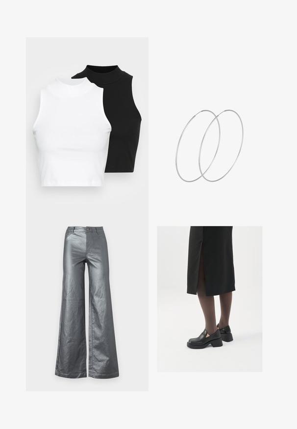 Kaksi hihattomaa ribattua kauluspaitaa mustana ja valkoisena, joissa on istuva muotoilu ja sileä rakenne, sekä lyhyt pituus.; Housut, joissa on leveät lahkeet, kiiltävässä metallinhohtoisessa hopeakankaassa. Ominaisuuksina etutaskut, nappikiinnitys ja suorat lahkeet. Sileä pinta ja tyylikäs muotoilu.; Mustat nahkakengät pyöreällä kärjellä, paksulla lohkopohjalla ja joustavilla sivuakkesseilla, yhdistettynä tummiin sukkahousuihin ja mustaan hameeseen, jossa on halkio.; Hopehope hopeilla, joissa on minimalistinen muotoilu. Pyöreä muoto, sileä pinta ja ohut profiili. Kevyet ja kiillotetut.