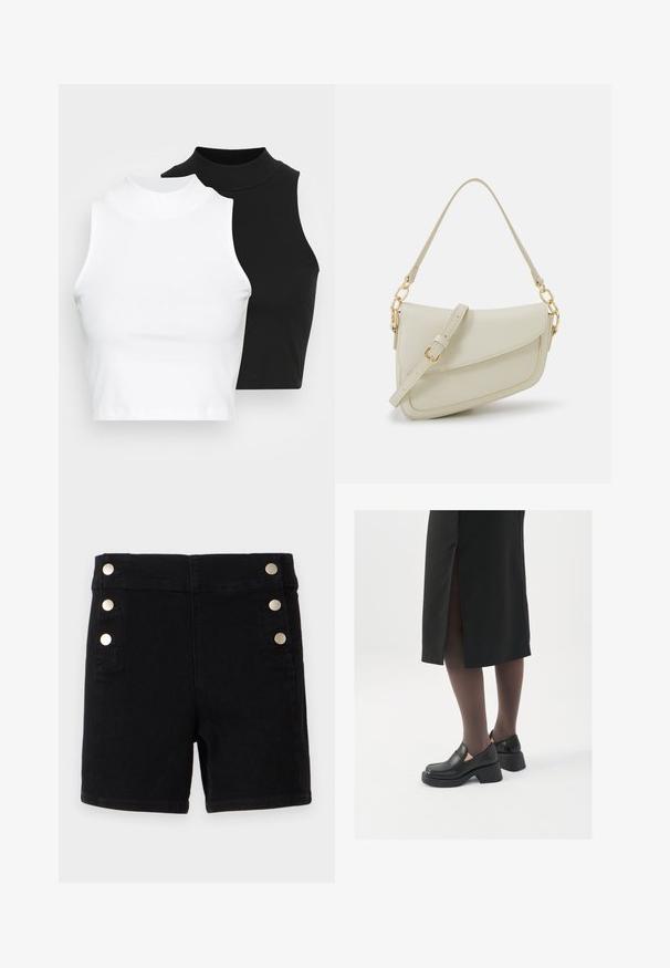Duas blusas de gola alta sem mangas em preto e branco, com um design justo e textura suave, e comprimento cropped.; Shorts de denim preto com cintura alta, apresentando botões em tom dourado na lateral, design de cinco bolsos e corte reto na bainha.; Sapatos de couro pretos com bico arredondado, salto bloco grosso e detalhes elásticos laterais, combinados com meias escuras e uma saia preta com uma abertura.; Pequena bolsa de creme com um acabamento texturizado, uma alça longa ajustável, um detalhe em corrente e um fecho de aba. Detalhes em hardware dourado.