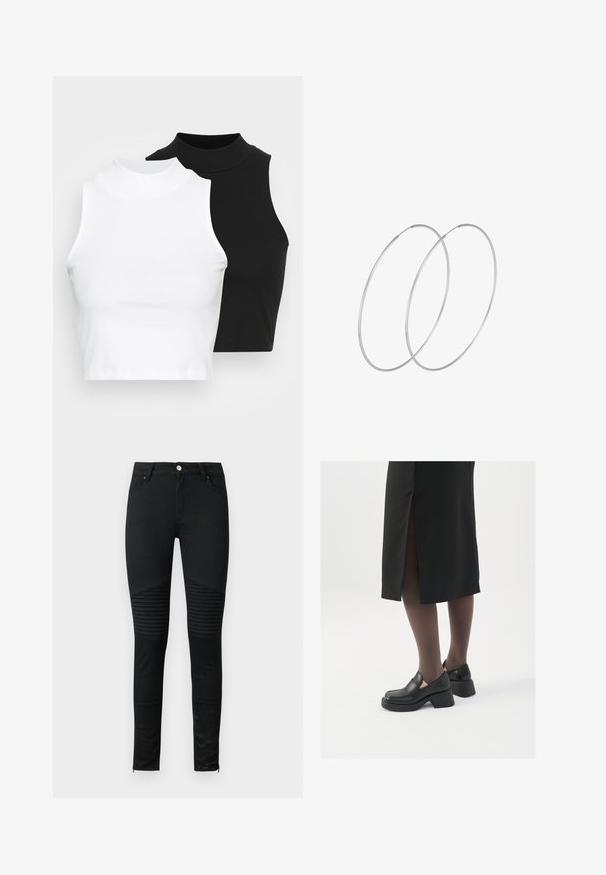 Divi bez piedurknēm riboti turtleneck topi melnā un baltā krāsā, ar pieguļošu dizainu un gludu faktūru, ar īsu garumu.; Melnas šaurās džinsās ar gludu džinsu tekstūru, ribotām akcentiem uz ceļiem un ar rāvējslēdzējiem aprīkotām piedurknēm, lai nodrošinātu pieguļošu dizainu.; Melni ādas apavi ar noapaļotu purngalu, biezām bloku papēžiem un elastīgiem sānu akcentiem, apvienoti ar tumšām zeķubiksēm un melnu svārku ar šķirbu.; Sudraba gredzenveida auskari ar minimālistisku dizainu. Cirkulāra forma, gluda tekstūra un plāns profils. Vieglu svaru ar spīdīgu apdari.