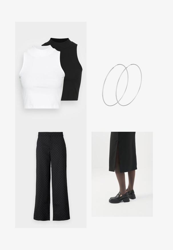Two sleeveless ribbed turtleneck tops in black and white, featuring a fitted design and smooth texture, with cropped length.; Black wide-leg trousers made of fabric with white polka dots. Features a mid-rise waistband and front pockets. Textured surface.; Black leather shoes with a rounded toe, thick block heel, and elastic side accents, paired with dark tights and a black skirt with a slit.; Silver hoop earrings with a minimalist design. Circular shape, smooth texture, and thin profile. Lightweight with a polished finish.