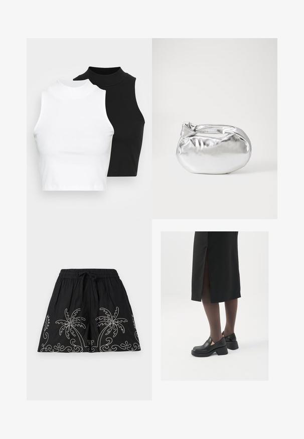 Kaksi hihattomaa ribattua kauluspaitaa mustana ja valkoisena, joissa on istuva muotoilu ja sileä rakenne, sekä lyhyt pituus.; Musta puuvillahousut, joissa on joustava vyötärönauha ja kiristysnauha. Reunassa valkoiset kirjailut palmupuukuvioilla.; Mustat nahkakengät pyöreällä kärjellä, paksulla lohkopohjalla ja joustavilla sivuakkesseilla, yhdistettynä tummiin sukkahousuihin ja mustaan hameeseen, jossa on halkio.; Hopeapintainen metallinen pussilaukku, jolla on pehmeä, pyöreä muoto ja solmittava yläosa. Valmistettu sileästä tekonahkamateriaalista.