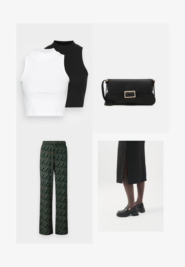 Kaks musta ja valget ilma varrukat ribikrae topi, millel on sobiv disain ja sile tekstuur, ning lühikesed pikkused.; Tumed rohelised lai jalad püksid koos peene, multivärvilise mustriga. Omavad mugavust pakkuvat elastset vööd.; Mustad mustad jalatsid ümmarguse varbaga, paksu plokkniidi ja elastsete külgdetailidega, kombineeritud tumedate sukkade ja musta lõhikuga seelikuga.; Must haben musta nahkklahviga kott, millel on klapp ja kuldne metallist pandla detail. Kaasas must rihm ja stiilne, minimalistlik disain.