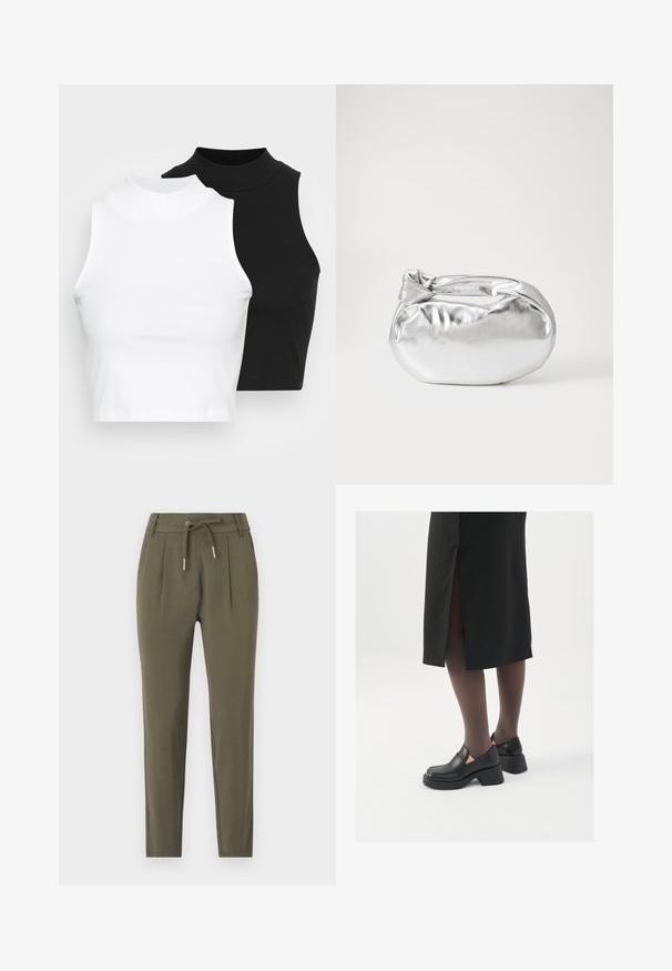 Kaksi hihattomaa ribattua kauluspaitaa mustana ja valkoisena, joissa on istuva muotoilu ja sileä rakenne, sekä lyhyt pituus.; Olivin vihreät kapenevat housut, joissa on nauhavyötärö, laskostuksen yksityiskohdat ja sileä, kevyt kangaspinta.; Mustat nahkakengät pyöreällä kärjellä, paksulla lohkopohjalla ja joustavilla sivuakkesseilla, yhdistettynä tummiin sukkahousuihin ja mustaan hameeseen, jossa on halkio.; Hopeapintainen metallinen pussilaukku, jolla on pehmeä, pyöreä muoto ja solmittava yläosa. Valmistettu sileästä tekonahkamateriaalista.