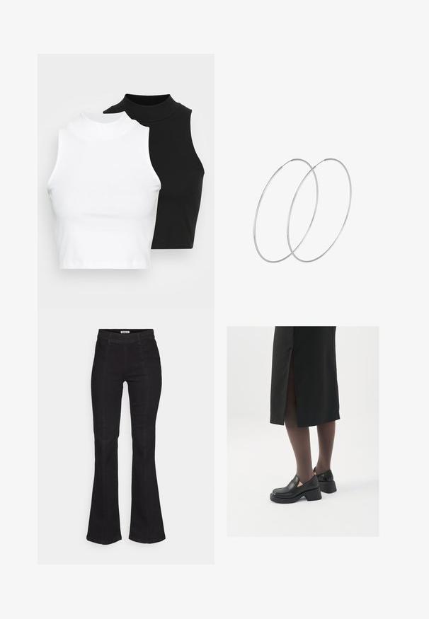 Two sleeveless ribbed turtleneck tops in black and white, featuring a fitted design and smooth texture, with cropped length.; Black flared jeans made of denim, featuring a high waist, subtle front seam detailing, and a classic five-pocket design.; Black leather shoes with a rounded toe, thick block heel, and elastic side accents, paired with dark tights and a black skirt with a slit.; Silver hoop earrings with a minimalist design. Circular shape, smooth texture, and thin profile. Lightweight with a polished finish.