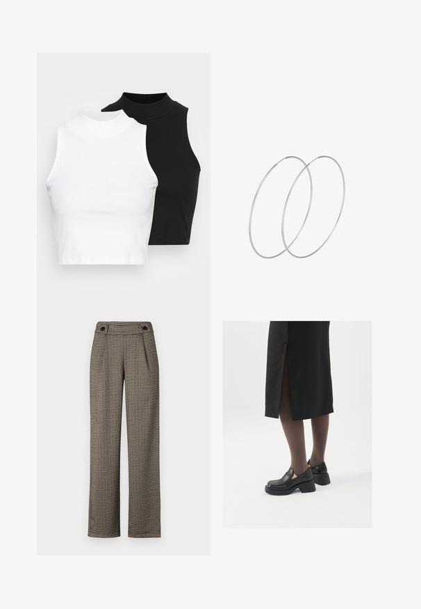 Dos tops sin mangas de cuello alto en negro y blanco, con un diseño ajustado y una textura suave, de longitud cropped.; Pantalones con patrón de cuadros marrones y cintura alta, con pliegues laterales y acentos de botones negros. Fabricados con una tela tejida texturizada.; Zapatos de piel negra con punta redondeada, tacón grueso y bloque, y acentos elásticos en los laterales, combinados con unos pantys oscuros y una falda negra con una abertura.; Pendientes de aro plateados con un diseño minimalista. Forma circular, textura suave y perfil delgado. Livianos con un acabado pulido.