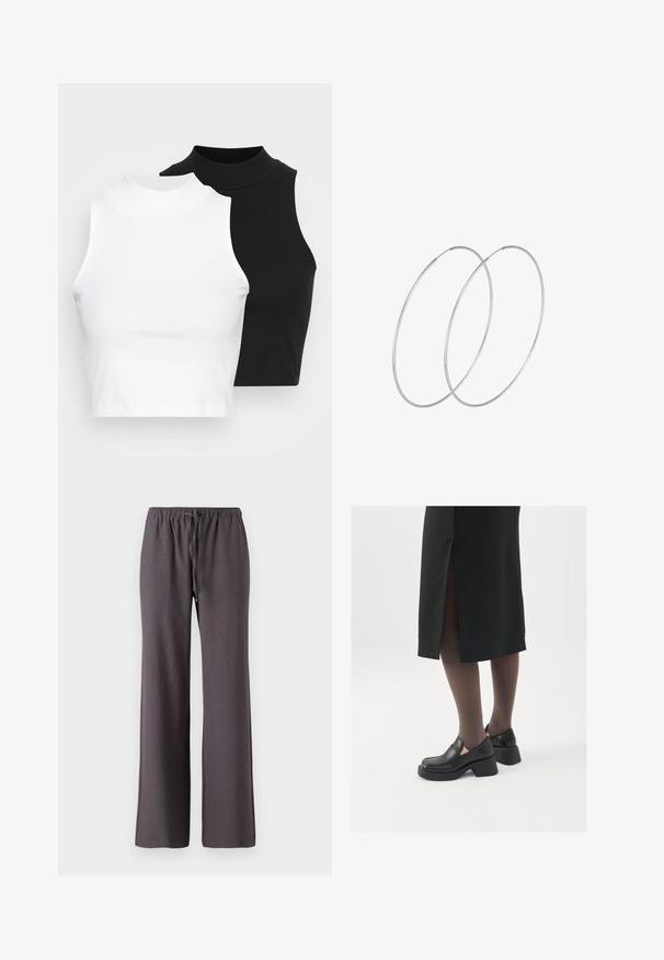 Zwei ärmellose, gerippte Rollkragenoberteile in Schwarz und Weiß, mit einer figurbetonten Passform und glatter Textur sowie einer cropped Länge.; Dunkelgraue gerade geschnittene Hose mit elastischem Bund und vorderem Kordelzug, auf einem weißen Hintergrund präsentiert.; Schwarze Lederschuhe mit abgerundetem Zeh, dicker Blockabsatz und elastischen seitlichen Akzenten, kombiniert mit dunklen Strumpfhosen und einem schwarzen Rock mit Schlitz.; Silberne Creolen mit minimalistischem Design. Rundform, glatte Oberfläche und dünnes Profil. Leichtgewichtig mit hochglänzender Oberfläche.