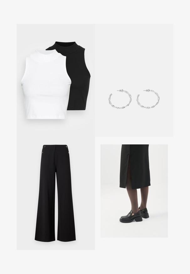 Divi bez piedurknēm riboti turtleneck topi melnā un baltā krāsā, ar pieguļošu dizainu un gludu faktūru, ar īsu garumu.; Melnas platās bikses, izgatavotas no gludas auduma, ar zelta krāsas pogu akcentiem jostasvietā un tīru, minimālistisku dizainu.; Melni ādas apavi ar noapaļotu purngalu, biezām bloku papēžiem un elastīgiem sānu akcentiem, apvienoti ar tumšām zeķubiksēm un melnu svārku ar šķirbu.; Sudraba gredzenveida auskari ar savītu dizainu, kas ir ar pulētu apdari un ar aizmugurēju fiksāciju. Izmērs ir aptuveni 3 cm diametrā.