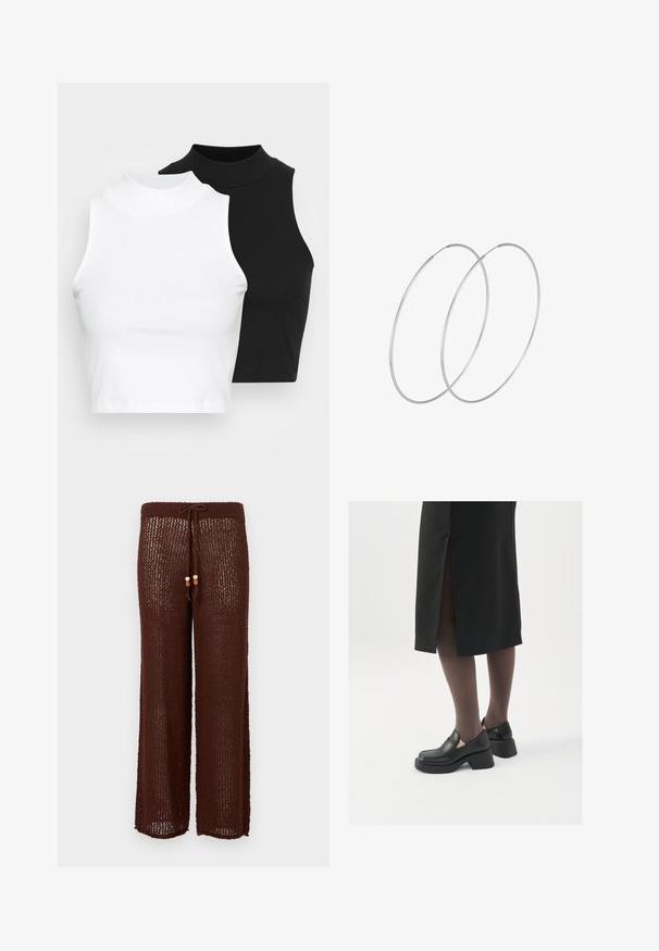 Two sleeveless ribbed turtleneck tops in black and white, featuring a fitted design and smooth texture, with cropped length.; Brown knitted wide-leg pants with a drawstring waist and wooden bead accents. The fabric is semi-transparent with a textured pattern.; Black leather shoes with a rounded toe, thick block heel, and elastic side accents, paired with dark tights and a black skirt with a slit.; Silver hoop earrings with a minimalist design. Circular shape, smooth texture, and thin profile. Lightweight with a polished finish.