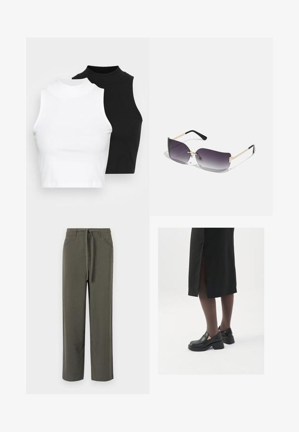 Deux hauts sans manches en maille côtelée, en noir et blanc, dotés d'un design ajusté et d'une texture lisse, avec une longueur courte.; Pantalons vert olive en tissu doux, à coupe droite, avec des poches arrière et latérales, et un lien à la taille.; Chaussures noires en cuir avec un bout arrondi, un épais talon bloc et des accents latéraux élastiques, associées à des bas foncés et une jupe noire avec une fente.; Lunettes de soleil avec une lentille dégradée grise, une monture en métal doré et des accents en plastique noir. Lentilles uniques en forme de papillon avec des branches fines.