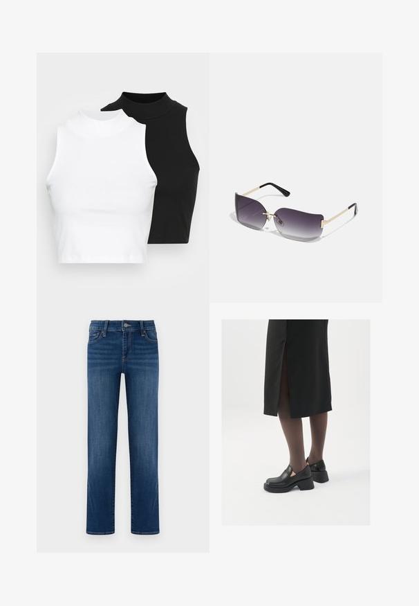 To sleeveless ribbestrikkede turtleneck topper i svart og hvitt, med en tettsittende design og glatt tekstur, med kort lengde.; Blå denim jeans, rett ben design, mellomvask, fem lommer, knapp- og glidelåslukking, synlig søm, glatt tekstur.; Sorte lærersko med rund tå, tykk blokkheel og elastiske sideaksenter, sammen med mørke strømpebukser og et svart skjørt med splitt.; Solbriller med grå gradientlinser, gullmetallramme og svarte plasthøyder. Unike sommerfuglformede linser med tynne armer.