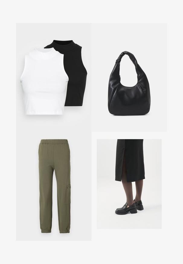 Dva brezrokavniki z rebrasto turtleneck gorami v črni in beli barvi, z oblikovanim dizajnom in gladko teksturo, v skrajšani dolžini.; Olive zelene trenirke s elastičnim pasom, zoženimi manžetami in stransko cargo žepom z zadrgo. Mehka, raztegljiva tkanina.; Črne usnjene čevlje s zaobljenim prstom, debelim blokastim petama in elastičnimi stranskimi detajli, v kombinaciji s temno nogavicami in črno krilo z razporkom.; Črna hobo torba iz gladkega materiala, ki spominja na usnje, s prepletenim ročajem, ki ima mehak, zaobljen obliko in zgornje zadrgo.