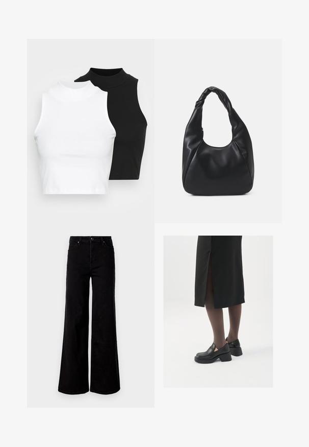 Zwei ärmellose, gerippte Rollkragenoberteile in Schwarz und Weiß, mit einer figurbetonten Passform und glatter Textur sowie einer cropped Länge.; Schwarze, hochtaillierte Jeans mit weitem Bein, Vorder- und Gesäßtaschen, Knopfverschluss und Gürtelschlaufen auf einem schlichten weißen Hintergrund.; Schwarze Lederschuhe mit abgerundetem Zeh, dicker Blockabsatz und elastischen seitlichen Akzenten, kombiniert mit dunklen Strumpfhosen und einem schwarzen Rock mit Schlitz.; Schwarze Hobo-Bag aus glatt wirkendem Lederimitat mit einem gedrehten Griff, der eine weiche, abgerundete Form und einen Reißverschluss am oberen Ende aufweist.; Silberne Creolen mit minimalistischem Design. Rundform, glatte Oberfläche und dünnes Profil. Leichtgewichtig mit hochglänzender Oberfläche.