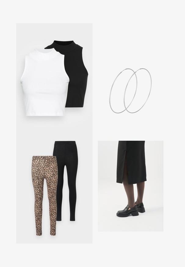 Dvije bezrukavne rebraste majice s visokim ovratnikom u crnoj i bijeloj boji, s prilagođenim dizajnom i glatkom teksturom, te skraćenom dužinom.; Dva para tajica: jedan s bež pozadinom i crnim leopard uzorkom, a drugi potpuno crni. Obe imaju prilagođen dizajn i elastičnu struk.; Crne kožne cipele s zaobljenim vrhom, debelim blok petama i elastičnim bočnim detaljima, uparene s tamnim čarapama i crnom suknjom s prorezom.; Srebrne okrugle naušnice s minimalističkim dizajnom. Kružni oblik, glatka tekstura i tanak profil. Lagane s poliranim završetkom.