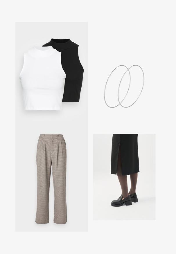 Dvě bezrukávové halenky s ribovým stojáčkem v černé a bílé barvě, které mají přiléhavý střih a hladkou texturu, s krácenou délkou.; Kostkované kalhoty s vysokým pasem v béžové a černé barvě, které mají volný střih, sklady a boční kapsy. Hladký materiál a široké nohavice.; Černé kožené boty s kulatou špičkou, silným blokovým podpatkem a elastickými bočními akcenty, spárované s tmavými punčochami a černou sukní se rozparkem.; Stříbrné kruhové náušnice s minimalistickým designem. Kruh, hladký povrch a tenký profil. Lehká konstrukce s lesklým povrchem.