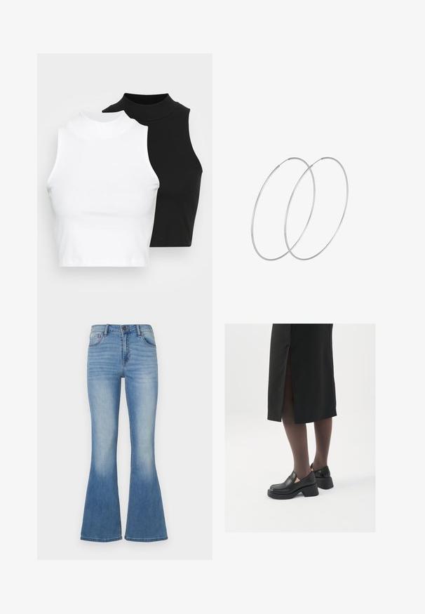 Dve bezrukávové rebrované roláky v čiernej a bielej farbe, pričom majú priliehavý strih a hladkú textúru, s krátkou dĺžkou.; Svetlomodré rozšírené džínsy vyrobené z denimu. Majú vysoký pás, dizajn s piatimi vreckami a bledý povrch s kontrastným šitím.; Čierne kožené topánky s okrúhlou špičkou, silným blokovým opätkom a elastickými bočnými akcentmi, skombinované s tmavými pančuchami a čiernou sukňou so štiepením.; Strieborné kruhové náušnice s minimalistickým dizajnom. Cirkulárny tvar, hladký povrch a tenký profil. Ľahké s lesklým povrchom.