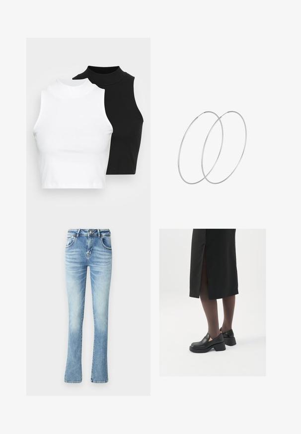 Kaks musta ja valget ilma varrukat ribikrae topi, millel on sobiv disain ja sile tekstuur, ning lühikesed pikkused.; Heledad sinine denimist vabaaja püksid, keskmise kõrgusega talje, viis taskut, õmmeldud õmblused ja kerged fading'u efekti jäljed reitel.; Mustad mustad jalatsid ümmarguse varbaga, paksu plokkniidi ja elastsete külgdetailidega, kombineeritud tumedate sukkade ja musta lõhikuga seelikuga.; Hõbedased rõngastikkaehingad minimalistlikus disainis. Ümar kuju, sile tekstuur ja õhuke profiil. Kerged ning poleeritud viimistlusega.