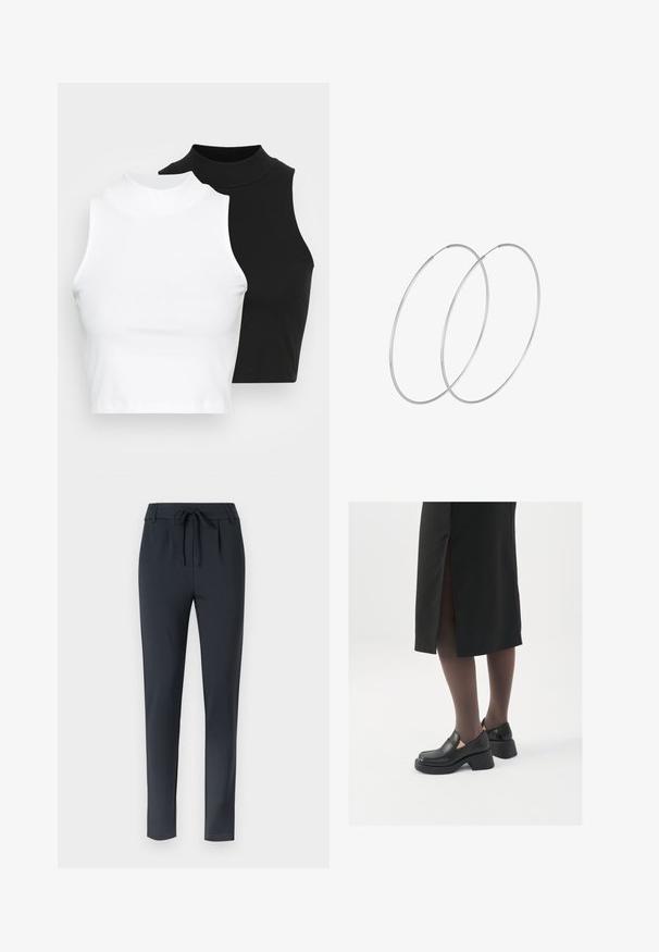Twee mouwloze ribgebreide coltruien in zwart en wit, met een slim fit ontwerp en een gladde textuur, met een cropped lengte.; Donkerblauwe slim-fit broek met een trekkoord in de taille, gemaakt van een zachte, rekbare stof, met een platte voorkant en taps toelopend ontwerp.; Zwarte leren schoenen met een ronde neus, dikke blokhak en elastische zijkanten, gecombineerd met donkere panty's en een zwarte rok met een split.; Zilveren hoepel oorbellen met een minimalistisch ontwerp. Cirkelvormig, gladde textuur en dun profiel. Lichtgewicht met een gepolijste afwerking.