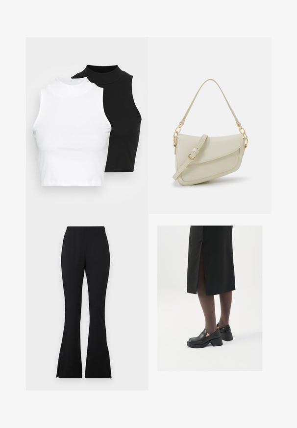 Two sleeveless ribbed turtleneck tops in black and white, featuring a fitted design and smooth texture, with cropped length.; Black flared pants made from a smooth, stretch material. Features side slits at the hem for added detail. Classic design and versatile fit.; Black leather shoes with a rounded toe, thick block heel, and elastic side accents, paired with dark tights and a black skirt with a slit.; Small cream handbag with a textured finish, a long adjustable strap, a chain accent, and a flap closure. Gold hardware detailing.