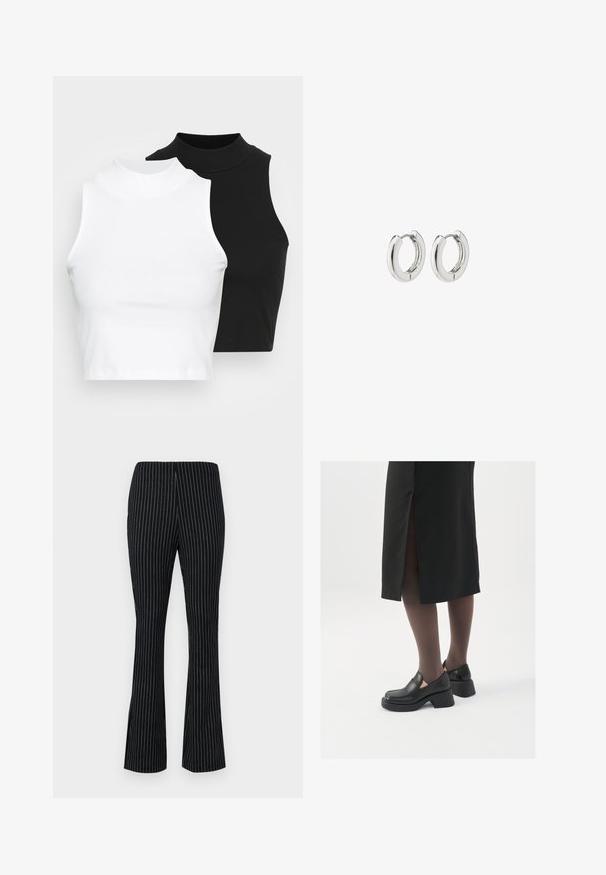 Dvije bezrukavne rebraste majice s visokim ovratnikom u crnoj i bijeloj boji, s prilagođenim dizajnom i glatkom teksturom, te skraćenom dužinom.; Crne široke hlače s bijelim vertikalnim prugama, s elastičnom trakom u struku i glatkom, teksturiranom završnom obradom.; Crne kožne cipele s zaobljenim vrhom, debelim blok petama i elastičnim bočnim detaljima, uparene s tamnim čarapama i crnom suknjom s prorezom.; Srebrne kružne naušnice s poliranim završetkom, koje imaju kružni dizajn i bešavne šarke, prikazujući glatku teksturu.