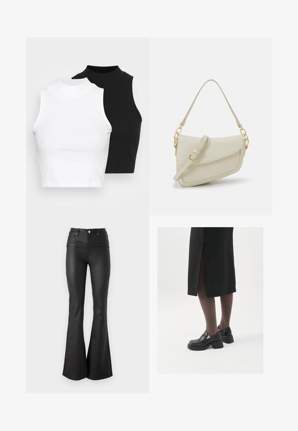 Two sleeveless ribbed turtleneck tops in black and white, featuring a fitted design and smooth texture, with cropped length.; Black flared pants made from a shiny, smooth material; features front pockets, a fitted waist, and decorative stitching along the seams.; Black leather shoes with a rounded toe, thick block heel, and elastic side accents, paired with dark tights and a black skirt with a slit.; Small cream handbag with a textured finish, a long adjustable strap, a chain accent, and a flap closure. Gold hardware detailing.