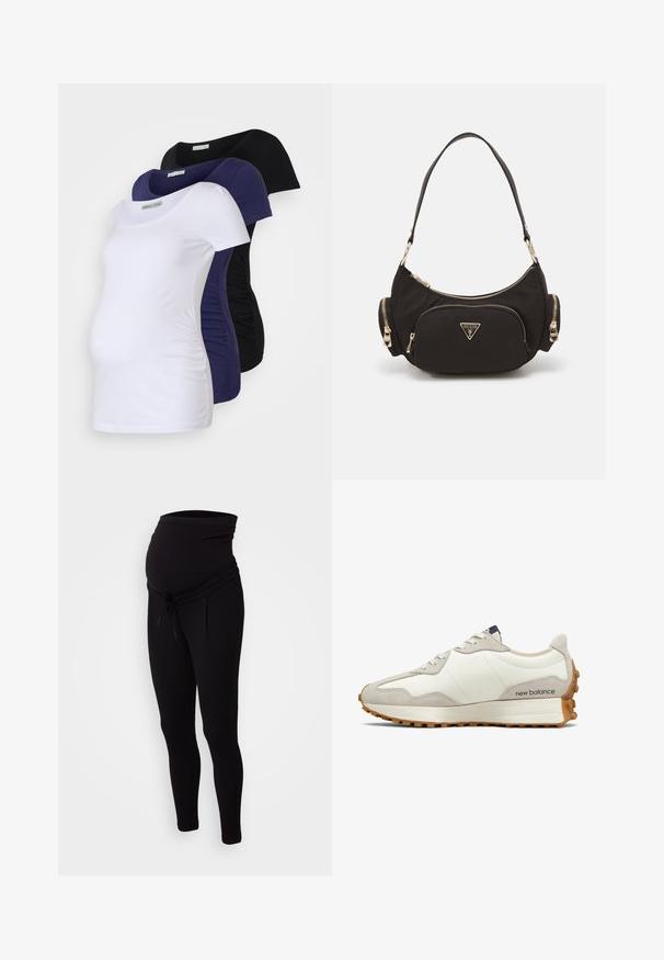 Koszulki ciążowe w trzech kolorach: białym, granatowym i czarnym. Miękki bawełniany materiał, krótki rękaw, z marszczeniami po bokach dla komfortu i lepszego dopasowania.; Czarne dresy ciążowe z elastycznym pasem, z detalem sznurka i zwężanymi nogawkami. Wykonane z miękkiego, elastycznego materiału dla wygody.; Białe i beżowe sneakersy z gładkiej skórzanej cholewki, zamszowymi akcentami, zaokrąglonym noskiem i teksturowaną gumową podeszwą. Nazwa marki nadrukowana na boku.; Czarna torba na ramię z tkaniny z złotymi akcentami, z główną przegrodą na zamek i dwiema mniejszymi kieszeniami na zamek po bokach.