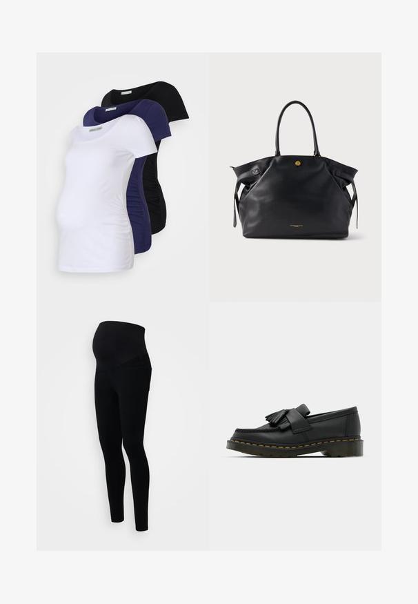 Koszulki ciążowe w trzech kolorach: białym, granatowym i czarnym. Miękki bawełniany materiał, krótki rękaw, z marszczeniami po bokach dla komfortu i lepszego dopasowania.; Czarne legginsy ciążowe z wysokim stanem dla dodatkowego wsparcia, dopasowanym krojem oraz miękkim, elastycznym materiałem dla komfortu.; Czarne skórzane mokasyny z okrągłym noskiem, z frędzlami i dekoracyjną taśmą z przodu, osadzone na grubej obcasie.; Czarna skórzana torba typu tote o teksturowanej powierzchni, złotych elementach i dwóch zaokrąglonych uchwytach. Posiada bezpieczne zapięcie i minimalistyczne oznaczenia marki.