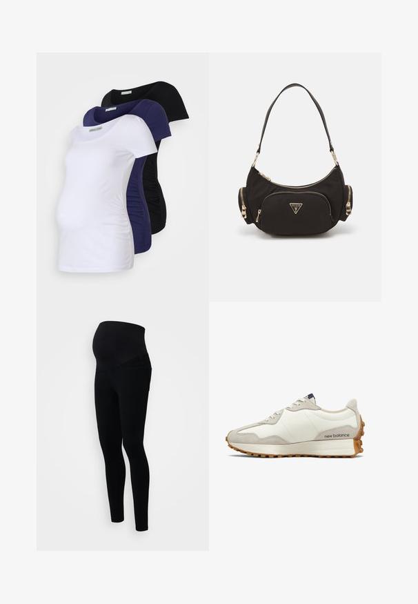 Schwangerschafts-T-Shirts in drei Farben: Weiß, Marine und Schwarz. Weiche Baumwolle, Kurzarm-Design mit gerafften Seiten für Komfort und Passform.; Schwarze Schwangerschaftsleggings mit einem hohen Bund für Unterstützung, einer figurschmeichelnden Passform und weichem, dehnbarem Material für zusätzlichen Komfort.; Weiße und beige Sneaker mit glattem Lederobermaterial und Wildledereinsätzen. Ausgestattet mit runden Schnürsenkeln, einer gepolsterten Sohle und einer strukturierten Gummiaußensohle.; Schwarze Stoff-Schultertasche mit goldfarbener Hardware, ausgestattet mit einem Hauptreißverschlussfach und zwei kleineren Reißverschlussfächern an den Seiten.