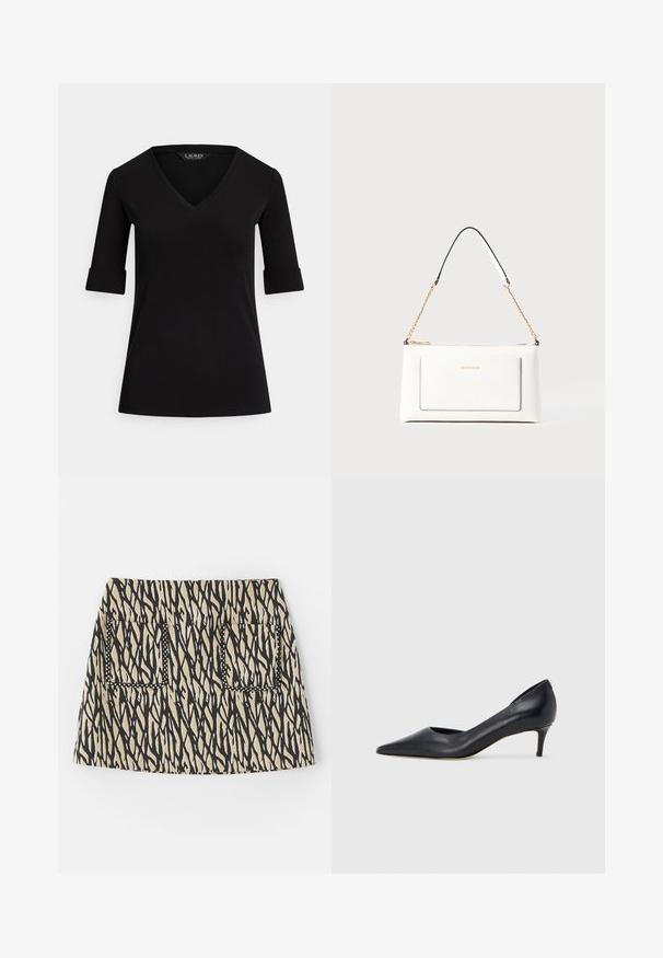 Camiseta negra de cuello en V con mangas tres cuartos, con puños enrollados y una textura de tela suave. La etiqueta dice "LAUREN."; Falda corta con un patrón abstracto en negro y beige, con dos bolsillos frontales contorneados con costura negra. Tejido de mezcla de algodón.; Zapato de tacón bajo de cuero negro con punta puntiaguda. Presenta una textura lisa y un brillo sutil. Corte abierto en la parte frontal para un detalle adicional.; Bolso de mano de cuero blanco con un acabado texturizado, que cuenta con una correa de cadena dorada y acentos negros. Incluye un bolsillo frontal y cierre de cremallera.