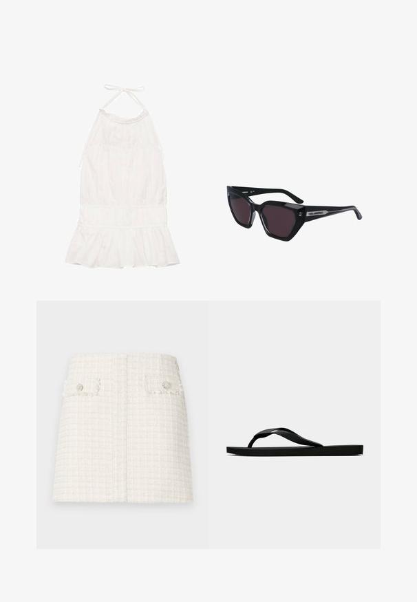 Robe blanche à col halter avec un corsage froncé, un ourlet à volants et une texture de tissu douce. Liens ajustables au niveau du cou.; Mini-jupe en tweed blanc avec un motif texturé et à carreaux. Dotée de deux poches à rabat sur le devant avec des boutons décoratifs. Design à ourlet droit.; Tong sandale en caoutchouc noir avec une bride en T texturée et une semelle plate simple, montrée de côté sur un fond clair.; Lunettes de soleil noires au design œil de chat, dotées de verres sombres, d'une finition brillante et de subtils accents de logo sur les branches.; Sac fourre-tout en paille tissée avec une texture tressée, anses et base en cuir marron foncé, forme circulaire large et design ouvert en haut.; Boucles d'oreilles en argent avec une finition lisse et brillante. Forme arrondie, conception légère, avec un fermoir à tige.