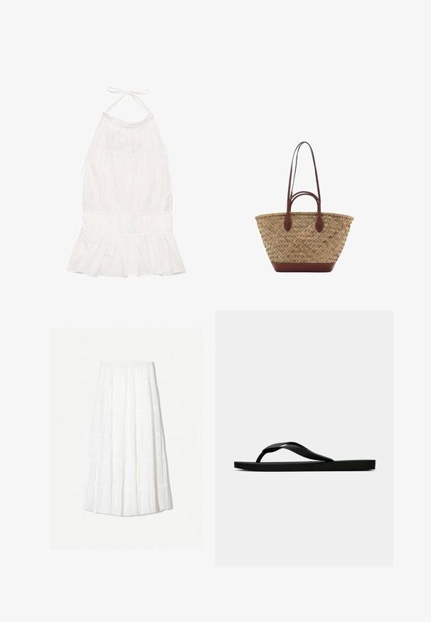Witte halter-jurk met een geplooide taille, geschulpte zoom en zachte stoftextuur. Verstelbare strikken bij de halslijn.; Witte maxi-jurk van lichtgewicht stof met een gelaagde structuur en horizontale naden. Elastische tailleband met een vloeiende silhouet.; Zwarte rubberen flip-flop sandaal met een getextureerde strap en een eenvoudige platte zool, zijaanzicht op een effen lichte achtergrond.; Geweven stro-tas met gevlochten textuur, donkerbruine leren handvatten en basis, wijd cirkelvormig ontwerp en open bovenkant.