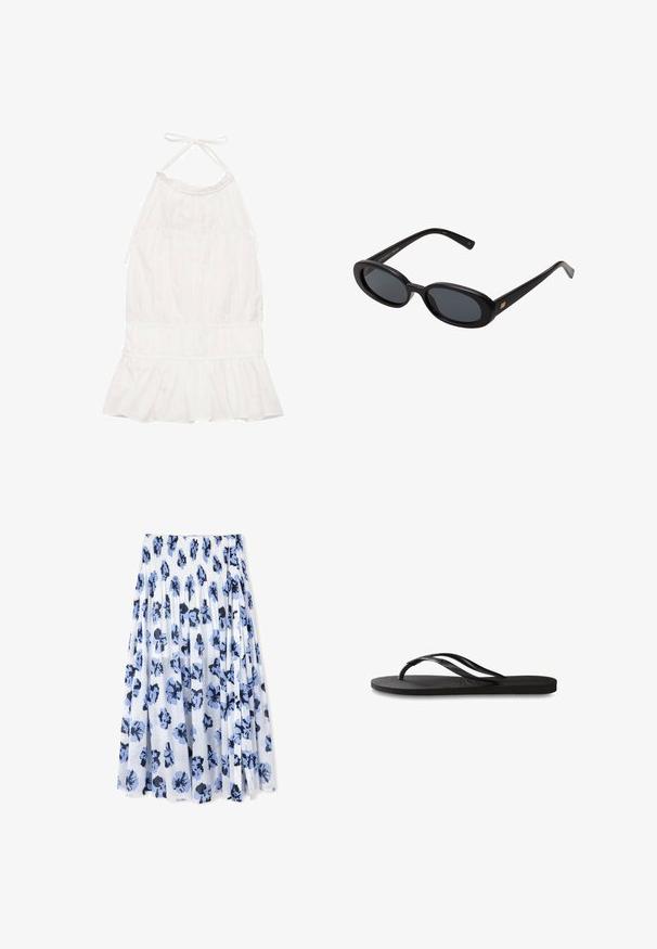 Vestido blanco sin mangas con escote halter, con un cuerpo fruncido, dobladillo con volantes y textura de tela suave. Tiras ajustables en el escote.; Una falda plisada hecha de tela ligera, con un fondo blanco y patrones florales azules con acentos oscuros.; Chanclas negras con suela de goma texturizada, dos tiras delgadas y un sutil detalle de logo en relieve en la tira.; Gafas de sol grandes de color negro con lentes ovalados, montura de plástico suave y detalles dorados en las patillas. Los lentes oscuros ofrecen protección solar.; Bolsa de tote de paja tejida con textura trenzada, asas y base de cuero marrón oscuro, forma circular amplia y diseño de parte superior abierta.