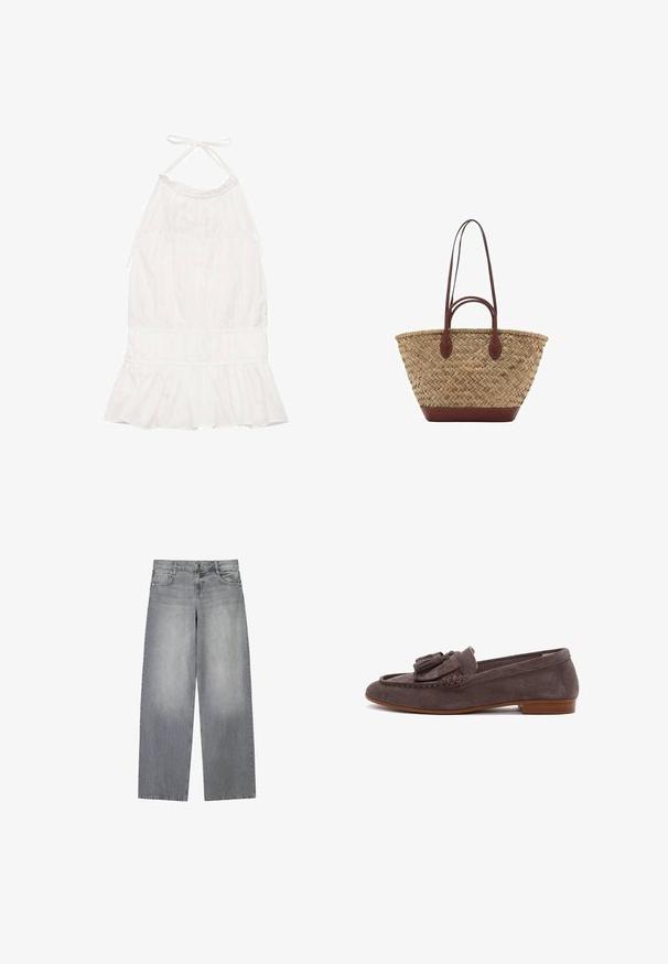 Robe blanche à col halter avec un corsage froncé, un ourlet à volants et une texture de tissu douce. Liens ajustables au niveau du cou.; Jean en denim gris à jambes larges avec une finition légèrement décolorée, doté de cinq poches, d'une fermeture à bouton à l'avant et de passants de ceinture.; Derimod Chaussons - mink; Sac fourre-tout en paille tissée avec une texture tressée, anses et base en cuir marron foncé, forme circulaire large et design ouvert en haut.
