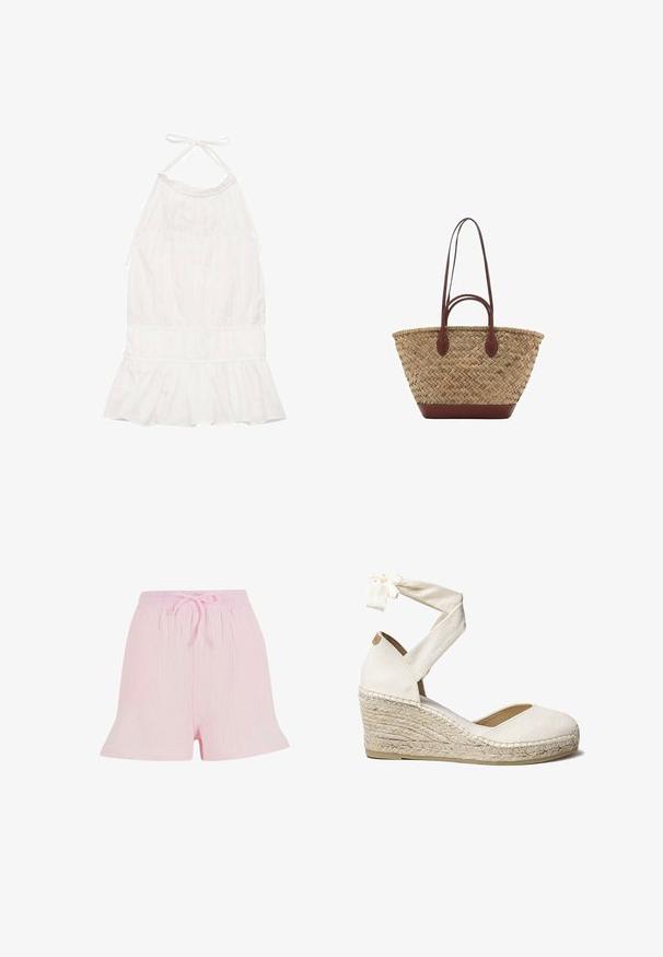 Bijela halter-kupa haljina s naboranim korzetom, volanastim rubom i mekim teksturom tkanine. Podesive vezice na dekolteu.; Svijetloružičaste kratke hlače od teksturiranog materijala, s elastičnim pojasom i vezicom, te opuštenim, lepršavim krojem.; Bijela platnena wedges cipela s vezicom oko gležnja, jute omotanim petom, okruglim prstom i teksturiranom gornjom tkaninom. Visina pete iznosi približno 7 cm.; Tkana torba od trske s pletenom teksturom, tamnosmeđi kožni drška i dno, široki kružni oblik i otvoreni gornji dizajn.