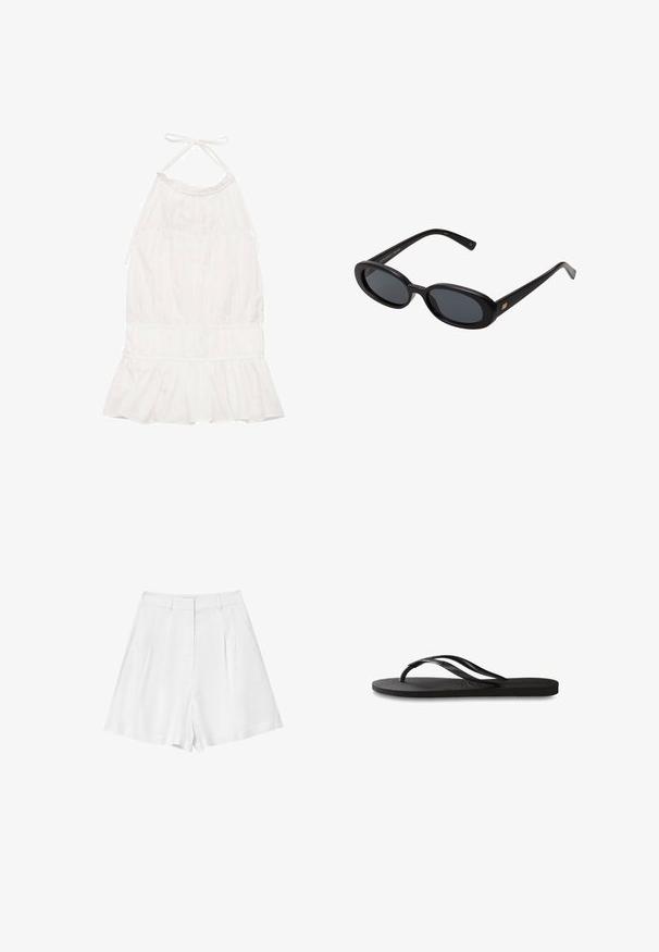 Robe blanche à col halter avec un corsage froncé, un ourlet à volants et une texture de tissu douce. Liens ajustables au niveau du cou.; Shorts en lin blancs taille haute, dotés de deux plis sur le devant et de poches latérales. Texture lisse avec une coupe cintrée et des lignes épurées.; Tongs noires avec une semelle en caoutchouc texturée, deux fines lanières et un détail de logo embossé subtil sur la lanière.; Lunettes de soleil noires surdimensionnées avec des verres ovoïdes, monture en plastique lisse et accents dorés sur les tempes. Les verres sombres offrent une protection contre le soleil.; Sac seau en paille tissée avec une sangle en cuir tan, orné d'une feuille verte et de deux accents de citron en crochet jaune pendent sur le côté.