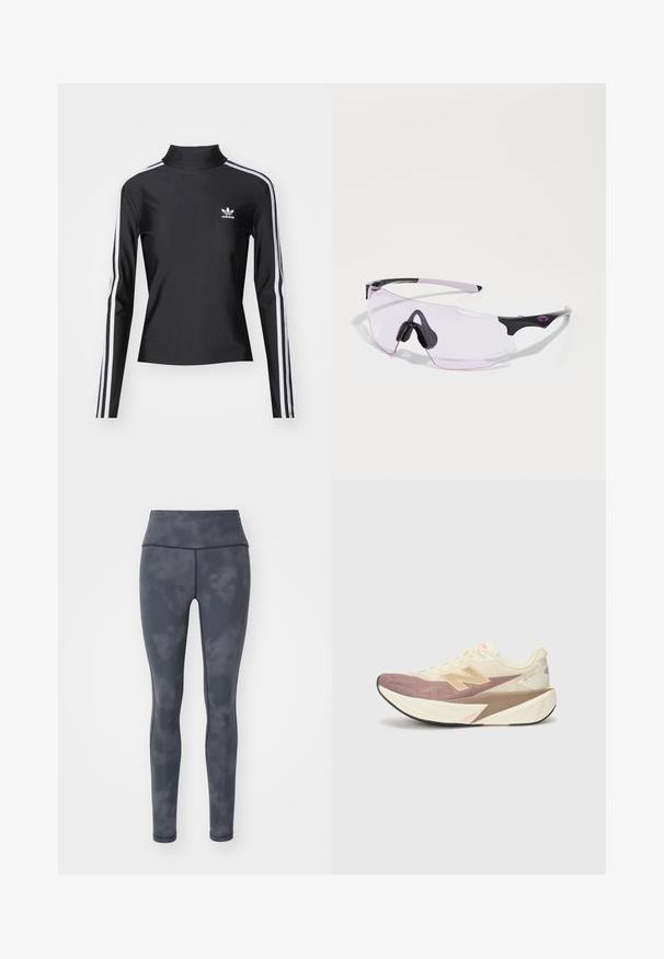 Musta pitkähihaine paita korkealla kauluksella, valmistettu sileästä kankaasta. Siinä on valkoiset sivuraidat ja pieni valkoinen logo rintamalla.; Vyšší pasové legíny v antracitově šedé barvě z pružného materiálu se nenápadným vzorem připomínajícím mraky a hladkým povrchem, navržené pro pohodlí.; Juoksukengät, joissa on kerma vaaleat päälliset, vaaleanpunaiset korostukset ja harmaat yksityiskohdat. Varusteena paksu pohja, jossa on teksturoitu pinta ja erottuva logo.; Urheilulasit, joissa on kestävä musta ja vaaleanpunainen muotoilu, frameless-muoto ja kirkkaat, hieman tummennetut linssit. Kumikoristeet mukana.
