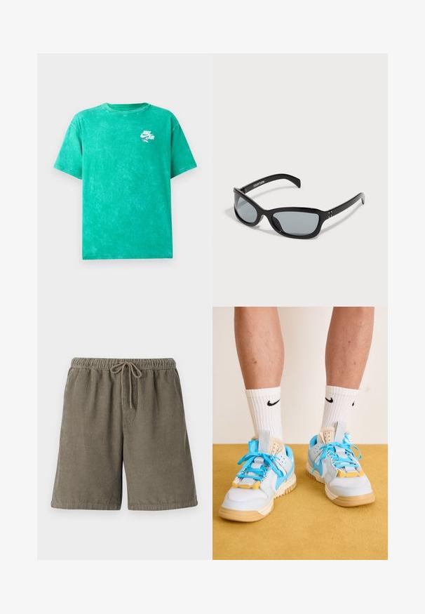 Žalios tinklelio maikutė, pagaminta iš medvilnės. Turi apvalų kaklą, trumpas rankoves ir mažą baltą Nike Air logotipą kairėje krūtinės pusėje.; Alyvuogių spalvos medvilniniai kordūrojo šortai su tekstūruotomis vertikaliomis juostelėmis, elastinga juosmens juosta ir reguliuojamu raiščiu patogumui.; Šviesiai mėlynos sportbačiai su rausvais padais, turintys ryškius mėlynus raištelius ir geltonus akcentus. Tekstūruotos medžiagos ir matoma oro pagalvė.; Juodos saulės akinių su elegantišku, kampuotu dizainu. Turi pilkus objektyvus ir blizgius plastikinius rėmus. Apima mažus metalinius akcentus ir prekės ženklą ant šoninės dalies.