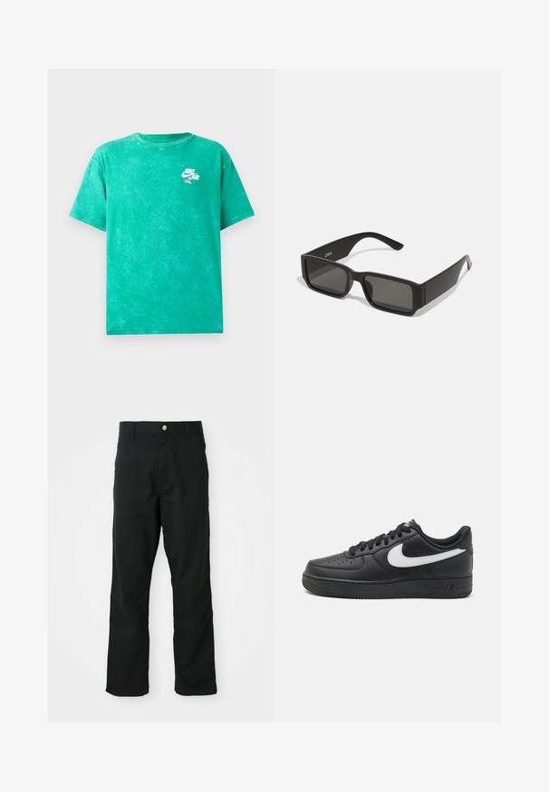 T-shirt verde com efeito tie-dye, feita de algodão. Apresenta um decote arredondado, mangas curtas e um pequeno logo branco da Nike Air na área do peito esquerdo.; Calças retas pretas com fecho de botão e zipper, passantes para cinto e bolsos laterais, exibidas contra um fundo branco.; Tenis Nike Air Force 1 pretos com parte superior em couro liso, detalhe do logo branco, bico perfurado e sola em borracha texturizada.; Óculos de sol pretos com lentes retangulares, armação em plástico mate e bordas retas. Apresenta o logotipo da marca na parte interna da haste.