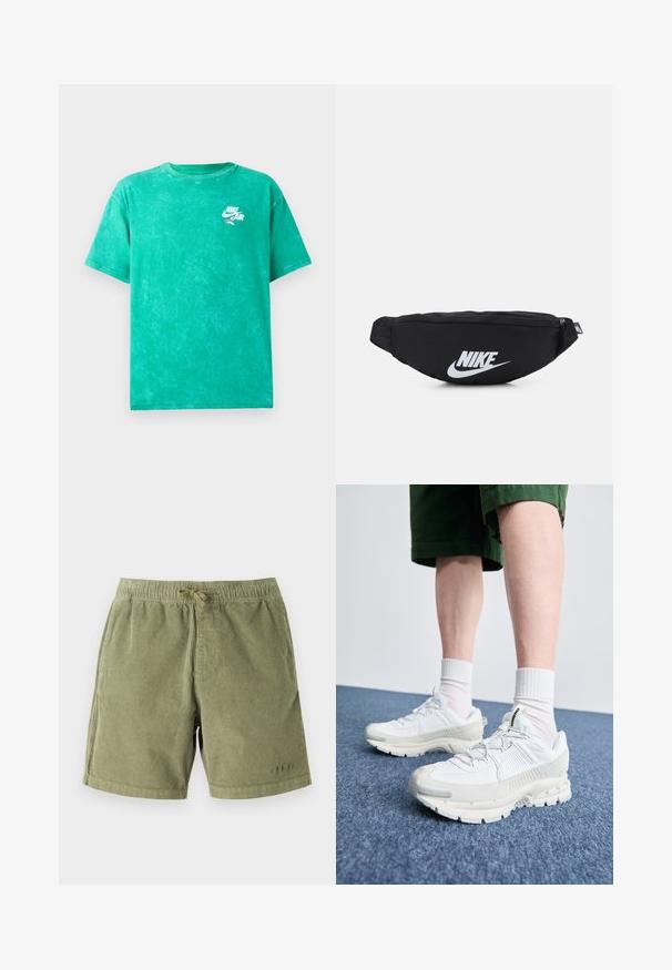 Groene tie-dye t-shirt gemaakt van katoen. Heeft een ronde hals, korte mouwen en een klein wit Nike Air-logo op de linkerkant van de borst.; Lichtgroene corduroy shorts met een elastische tailleband en een trekkoord. Voorzien van zijzakken en subtiele stikdetails.; Witte sportieve schoenen met textuuroverlays, een dikke zool en grijze accenten. Draag ze met witte crew-sokken en groene shorts op een blauwe ondergrond.; Zwarte nylon heuptas met een ritsluiting, voorzien van een groot wit Nike-logo. Soepele textuur en ergonomisch ontwerp voor comfortabel dragen.