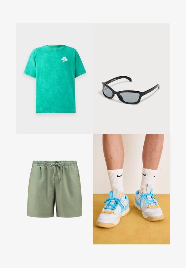 Zielona koszulka typu tie-dye wykonana z bawełny. Ma okrągły dekolt, krótkie rękawy i małe białe logo Nike Air na lewej piersi.; Jasnozielone szorty wykonane z miękkiego materiału, z elastycznym paskiem w talii, sznurkiem do zasuwania i bocznymi kieszeniami. Prosty design bez wzorów.; Jasnoniebieskie trampki z brązowymi podeszwami, wyposażone w wyraźne turkusowe sznurowadła i żółte akcenty. Teksturowane materiały i widoczne poduszki powietrzne.; Czarne okulary przeciwsłoneczne o smukłym, kanciastym designie. Posiadają szare soczewki i błyszczące plastikowe oprawki. Zawierają małe metalowe akcenty oraz branding na ramieniu.