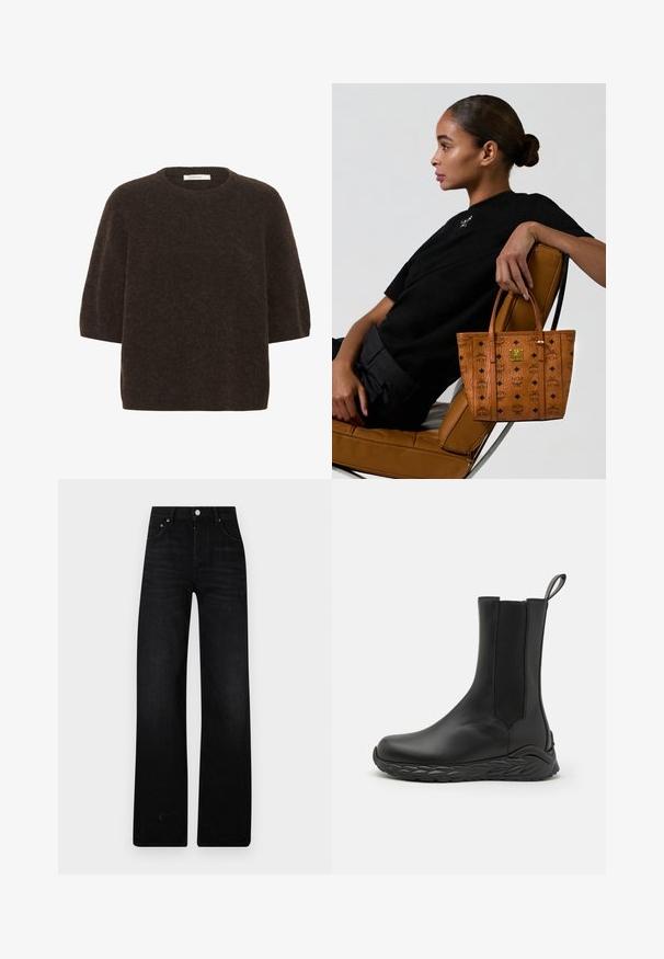 Mörkbrun ulltröja med rundad halsringning, korta ärmar och en avslappnad passform. Texturerad yta med en något fuzzy utseende.; Svarta vida jeans i denim. Har hög midja, två framfickor och metallknäppning. Texturerad yta med minimal blekning.; MCM SKYWANDER - Stövel - black; Kvinna med håret i knut sitter på sidan av en ljusbrun läderstol, håller en tan-mönstrad tote-väska med svarta logotyper och en gyllene emblem.